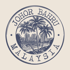 Johor Bahru, Malaysia Stamp City Postmark. Silhouette Postal Passport. Round Vector Icon. Vintage Postage Design.	
