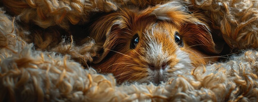 A cute brown and white guinea pig peeks out from under a blanket.