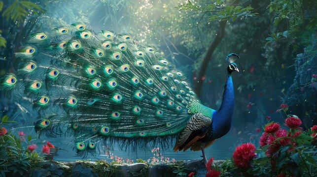 A peacock with its tail feathers spread in a colorful display in front of a lush green jungle background.