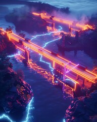 Innovative energy powers a glowing neon bridge over a spellbound estuary, in futuristic style from an aerial perspective, 