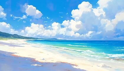 Create a watercolor-style landscape photo of 'Blue Sky, Sea, and White Sandy Beach