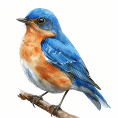Watercolor painting of a bright Eastern Bluebird sitting on a bare branch.