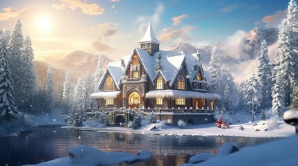 Immerse yourself in the enchantment of winter with this breathtaking 3D illustration featuring an exquisite winter chalet nestled in a snow - kissed paradise