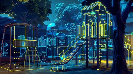 A cyberpunk eutopia kindergarten with wireframe playground equipment and mechanical designs, in dual-tone style from a high angle, 