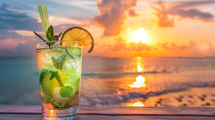 Lime water with sunset view on beach