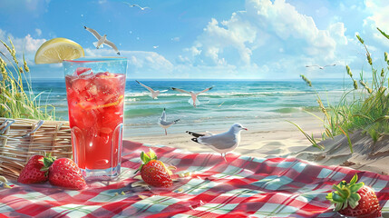 Strawberry juice with seagulls flying over sea