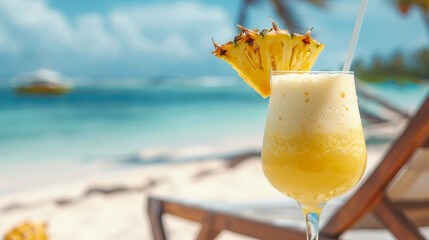 Glass of pineapple juice at beach side