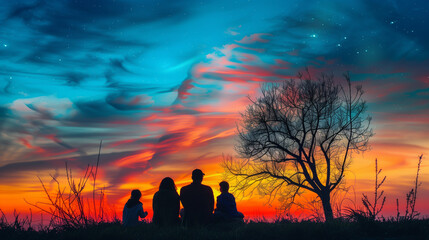 A family of four is sitting on a hillside, watching the sunset
