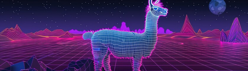 Cute llama portrayed in a methodological, wireframe cyberpunk world, in pixel art style from an isometric perspective, - obrazy, fototapety, plakaty