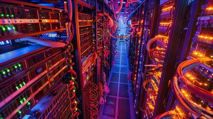 A computer server room with many cables and wires