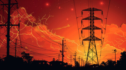 Powerlines stand out in stark silhouette with a dramatic red and orange sunset backdrop, symbolizing energy and power.