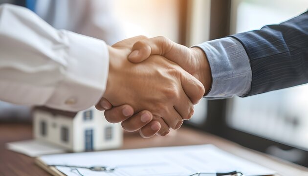 A real estate agent and customer are shaking hands over house documents on a table with keys.