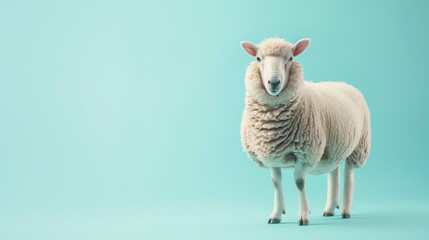A white sheep stands in front of a blue background with empty copy space for text. Can be use for celebrating sacrifice feast. Kurban Bayramı. Happy Eid al-Adha, eid mubarak - obrazy, fototapety, plakaty