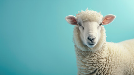 Portrait of a white sheep in front of blue background with copy space for text. Can be use for qurban, Eid al adha, kurban Bayramı, ramadan, islamic, muslim religious festival  concept