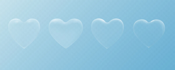 Vector 3d icons of glass matt and glossy hearts. White transparent love symbols isolated on transparent backdrop