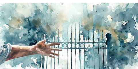 Yearning: The Locked Gate and Outstretched Hand - Visualize a locked gate with someone reaching out their hand towards what lies beyond, illustrating the feeling of yearning for something unattainable - obrazy, fototapety, plakaty