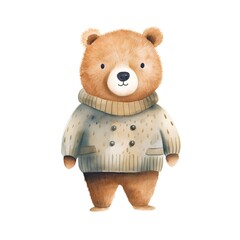Watercolor illustration of a cute brown bear in a warm sweater.