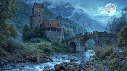 Beautiful mountain landscape with old stone bridge over river at night.