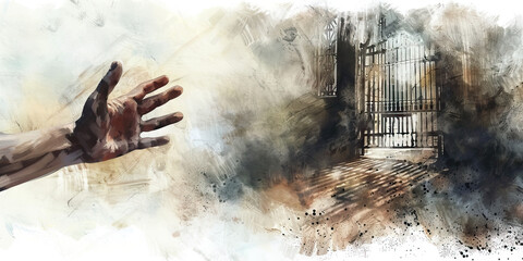 Yearning: The Locked Gate and Outstretched Hand - Visualize a locked gate with someone reaching out their hand towards what lies beyond, illustrating the feeling of yearning for something unattainable