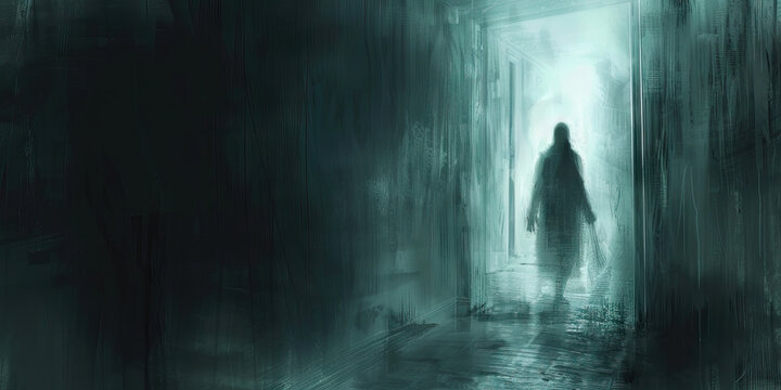 Haunting: The Shadowy Figure and Flickering Light - Visualize a shadowy figure in a dimly lit room, illustrating the haunting presence of a ghost