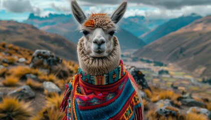 Naklejka premium Llama alpaca with colorful traditional cloth on its back standing against the mountains wearing Peruvian national . Illustrations of a llama and scarf in the background. Banner for text space.