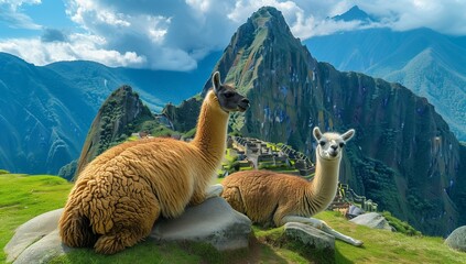 Fototapeta premium Llama alpaca with colorful traditional cloth on its back standing against the mountains wearing Peruvian national . Illustrations of a llama and scarf in the background. Banner for text space.