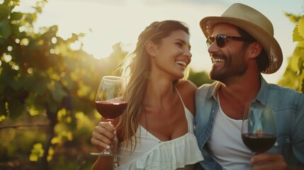 Portrait of happy couple drinking wine in vineyard . Man and woman wearing hat holding glass with red wine, laughing together at sunny day