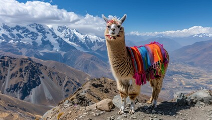 Naklejka premium Llama alpaca with colorful traditional cloth on its back standing against the mountains wearing Peruvian national . Illustrations of a llama and scarf in the background. Banner for text space.