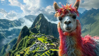 Obraz premium Llama alpaca with colorful traditional cloth on its back standing against the mountains wearing Peruvian national . Illustrations of a llama and scarf in the background. Banner for text space.