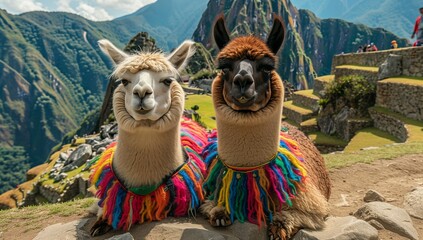 Fototapeta premium Llama alpaca with colorful traditional cloth on its back standing against the mountains wearing Peruvian national . Illustrations of a llama and scarf in the background. Banner for text space.
