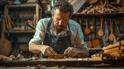 A middleaged male carpenter is carving wood with tools in his workshop, surrounded by various wooden instruments and materials on the workbench. He has dark hair and beard  focused working.