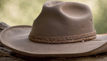 Cowboy hat on a wooden table in the countryside. Selective focus.