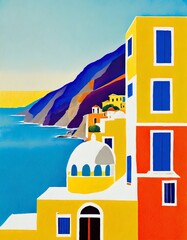 Sea coast illustration, Italian coast, Positano landscape in Italy
