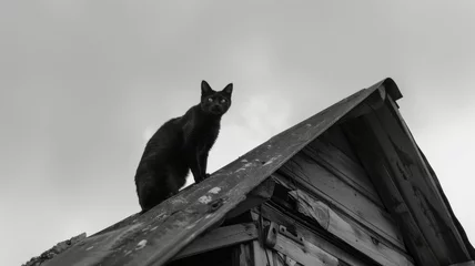 Foto op Aluminium Black cat on rooftop in monochrome - A mysterious black cat sits on the angled roof of a wooden structure, captured in a monochrome tone, giving a sense of curiosity and solitude © Tida