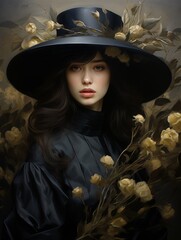 Fashion portrait, somber hues, blossoming hat, gilded silence