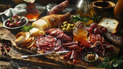 Obraz na płótnie Canvas Rustic charcuterie board with fine meats and cheese - A sumptuous display of cured meats, artisanal cheeses, and accompaniments on a wooden board, evoking the warmth of a rustic gathering