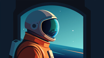 A solitary astronaut is shown gazing out into the void of space with Earth ly visible in the background. The focus of this illustration is on - obrazy, fototapety, plakaty