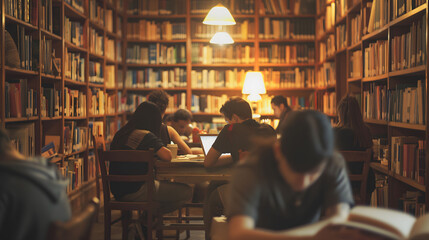 Group of students gathered around a table in a vibrant library setting, collaboratively working implies teamwork and education