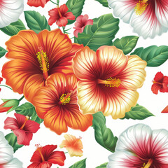 Illustration of vibrant hibiscus flowers in various shades, a common tropical plant depiction.