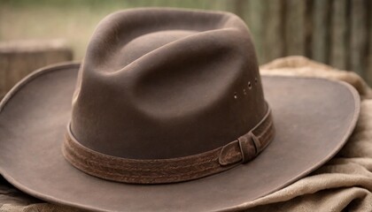 Cowboy hat on a wooden table in the countryside. Selective focus.