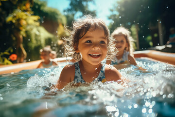Obraz premium A young girl is smiling and splashing in a pool with other children