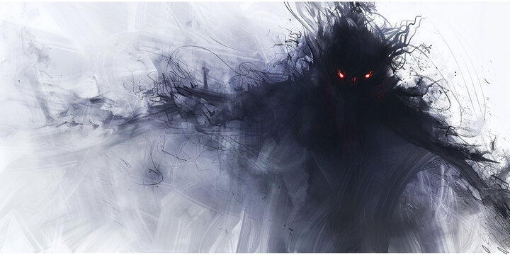Vengeful Spirit: The Dark Aura and Malevolent Gaze - Imagine a dark aura surrounding a ghost with a malevolent gaze, illustrating the vengeful nature of a spirit