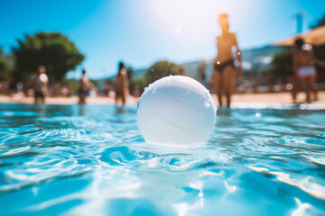 A white volleyball is floating in the water