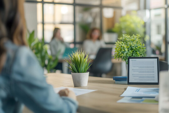 A woman meticulously working at her desk in a well-lit, plant-adorned office, symbolizing focus and dedication at work
