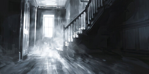 Haunted House: The Creaking Floorboards and Flickering Lights - Visualize creaking floorboards and flickering lights in a house, illustrating the haunting of a ghost in the home. - obrazy, fototapety, plakaty