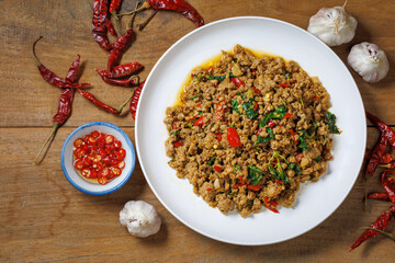 Thai food, stir-fried basil with pork and fried egg Popular food of Thailand, original Thai food concept.