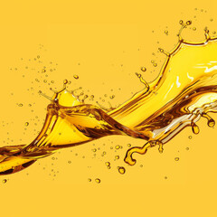 Dynamic splash of golden honey captured mid-air on a bright yellow background.