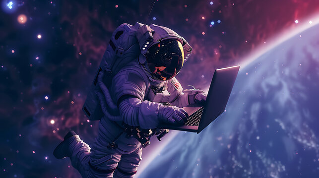 an astronaut flying in the galaxy and bring a laptop