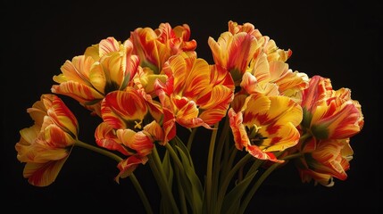The striking sight of a cluster of vibrant yellow and red parrot tulips in full bloom stands out in splendid isolation