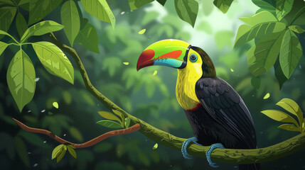 Obraz premium Digital illustration of a vibrant toucan perched on a tree branch surrounded by lush green foliage.
